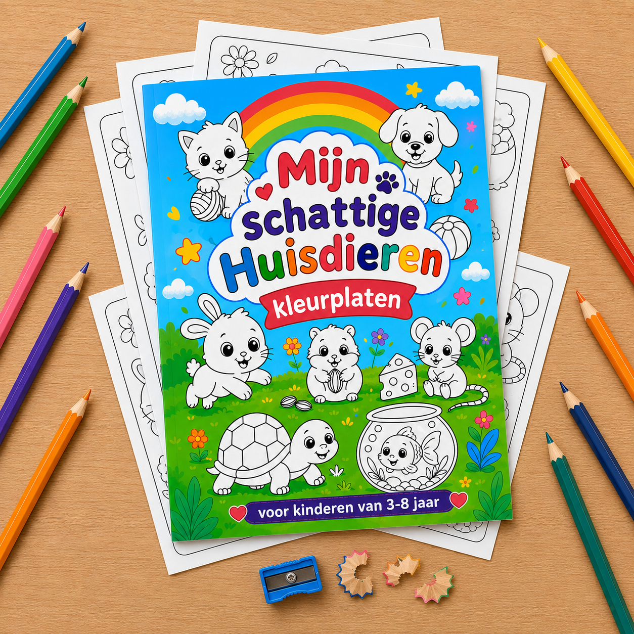 Kleurboek Mijn schattige huisdieren kleurplaten op een houten tafel met kleurpotloden